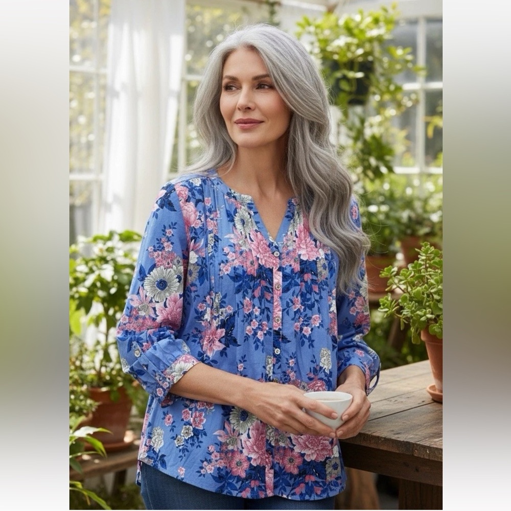 Roaman's Blue 22W Cotton High Low Floral Button-Front Blouse